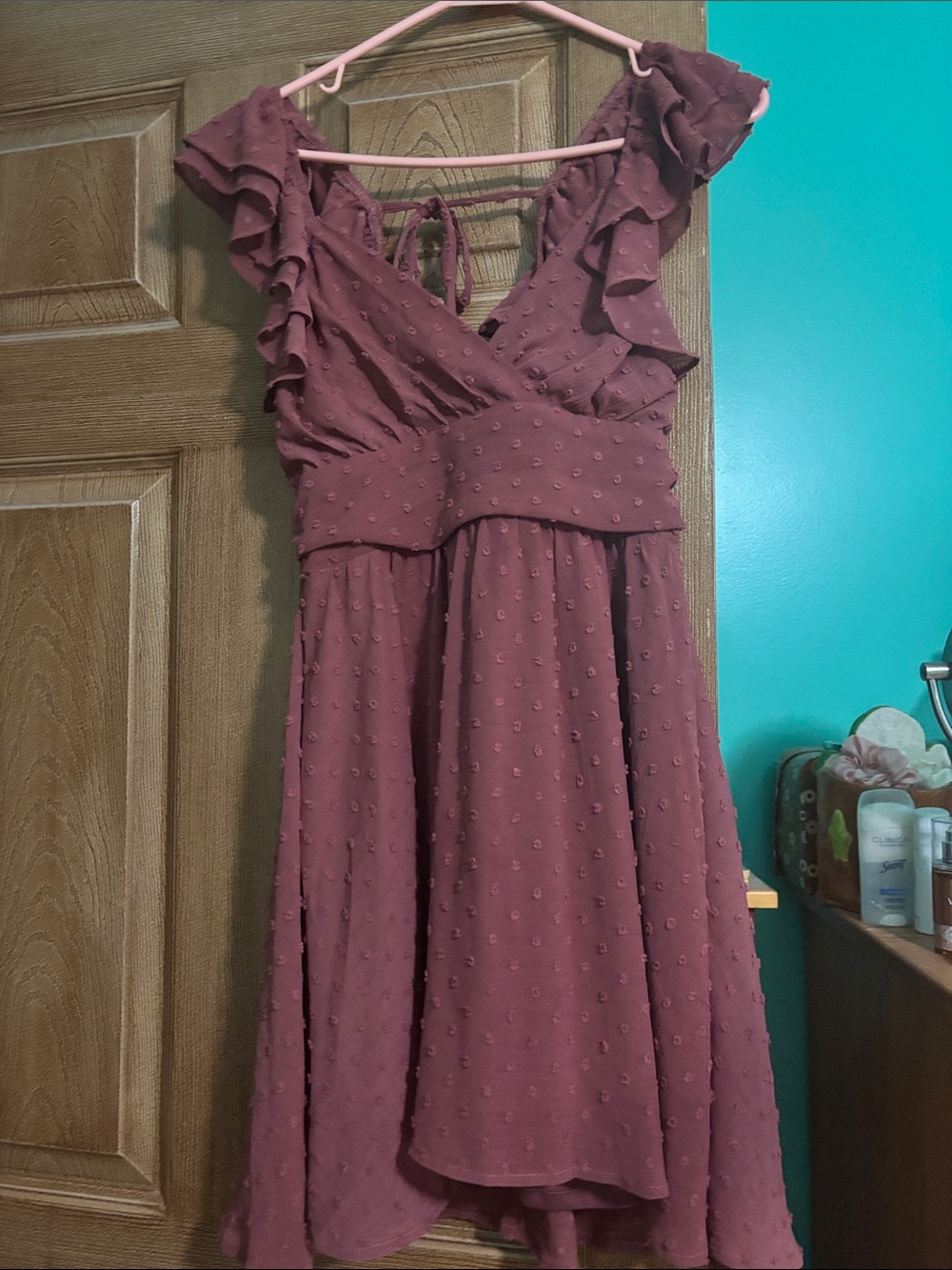 Altar'd State Dusty Rose Ruffled Swiss Dot Dress